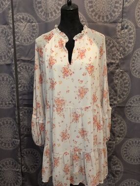 Vince Camuto Cream Long-Sleeve Floral Tiered Dress